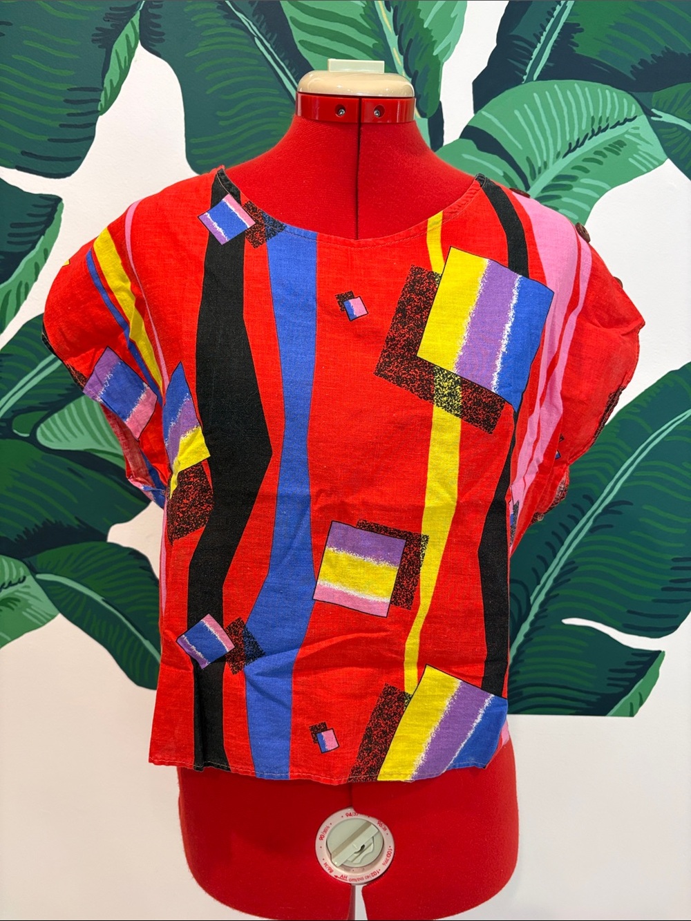Vintage 80s Bright Red Geometric Print Top
